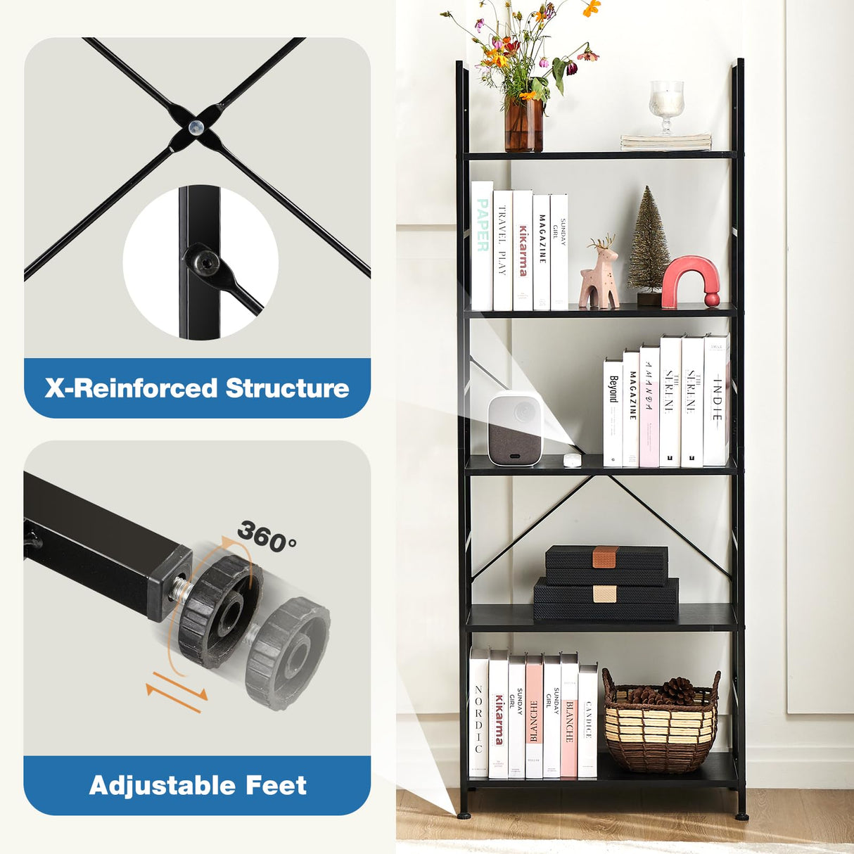 DUMOS 5 Tiers Bookshelf, Classical Book Shelf, Tall Display Shelves in Living Room/Home/Office, Storage Organizer for CDs/Books/Movies, Modern Black DUMOS