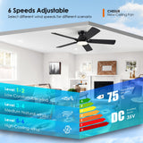 52 Inch Ceiling Fan with Lights and Remote/APP Control - Black Flush Mount Ceiling Fan with Dimmable LED Light, Reversible DC Motor, Low Profile Ceiling Fan for Modern Indoor and Outdoor Patios CHESUR