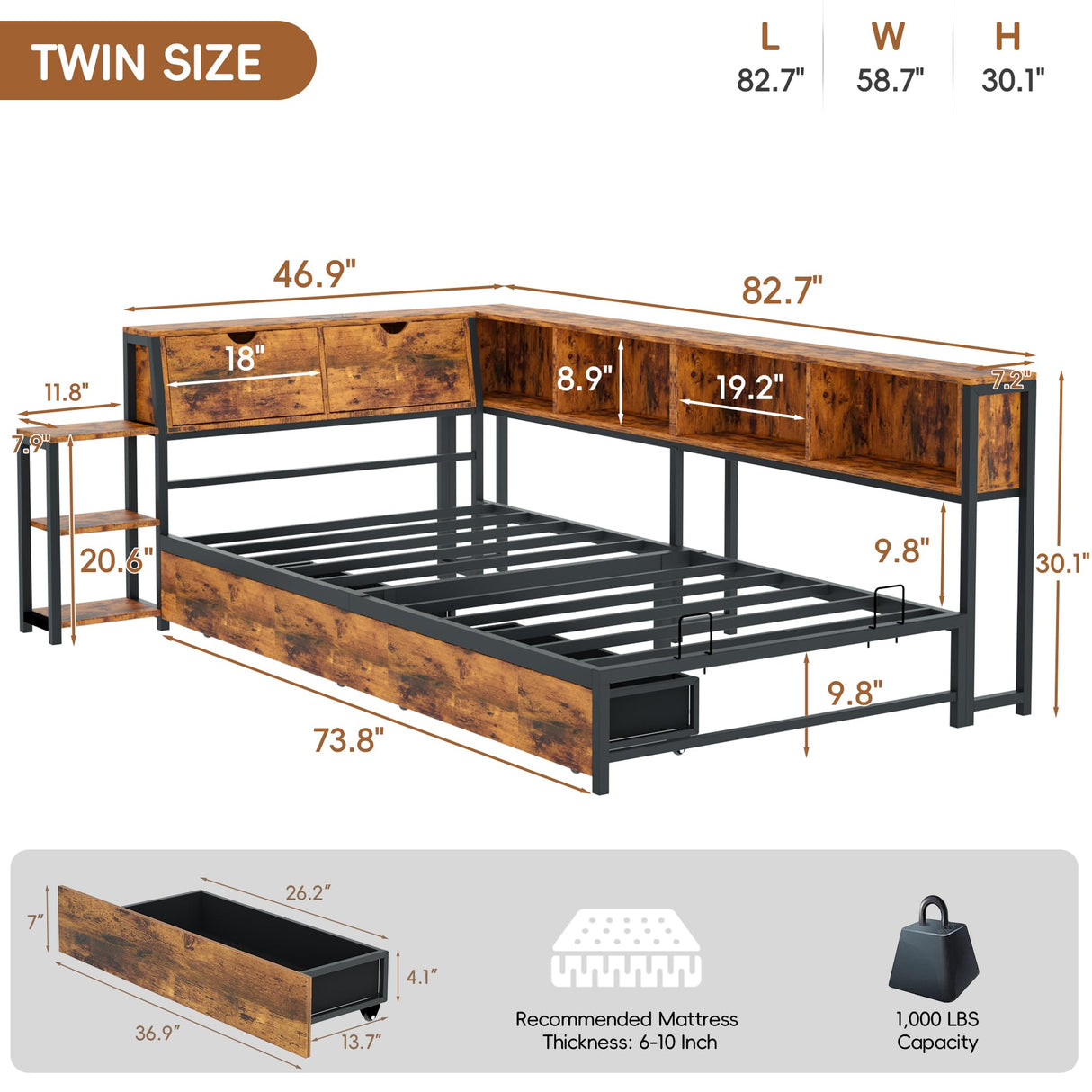 eMAIDE Corner Bed Frame with Storage Bookcase & Bedside Rack, Twin Size Metal Platform Bed Frame w/Drawers, Twin Daybed with Led Lights & Charging Station for Living Room, Bedroom & Guest Room, Brown eMAIDE