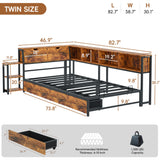 eMAIDE Corner Bed Frame with Storage Bookcase & Bedside Rack, Twin Size Metal Platform Bed Frame w/Drawers, Twin Daybed with Led Lights & Charging Station for Living Room, Bedroom & Guest Room, Brown eMAIDE
