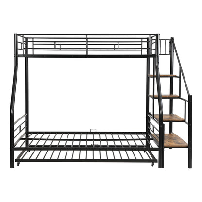 Harper & Bright Designs Twin Over Full Bunk Beds with Trundle, Metal Bunk Beds with Storage Staircase and Guard Rail, Bunk Bed Twin Over Full Size for Boys Girls Teens Dormitory Bedroom,Black