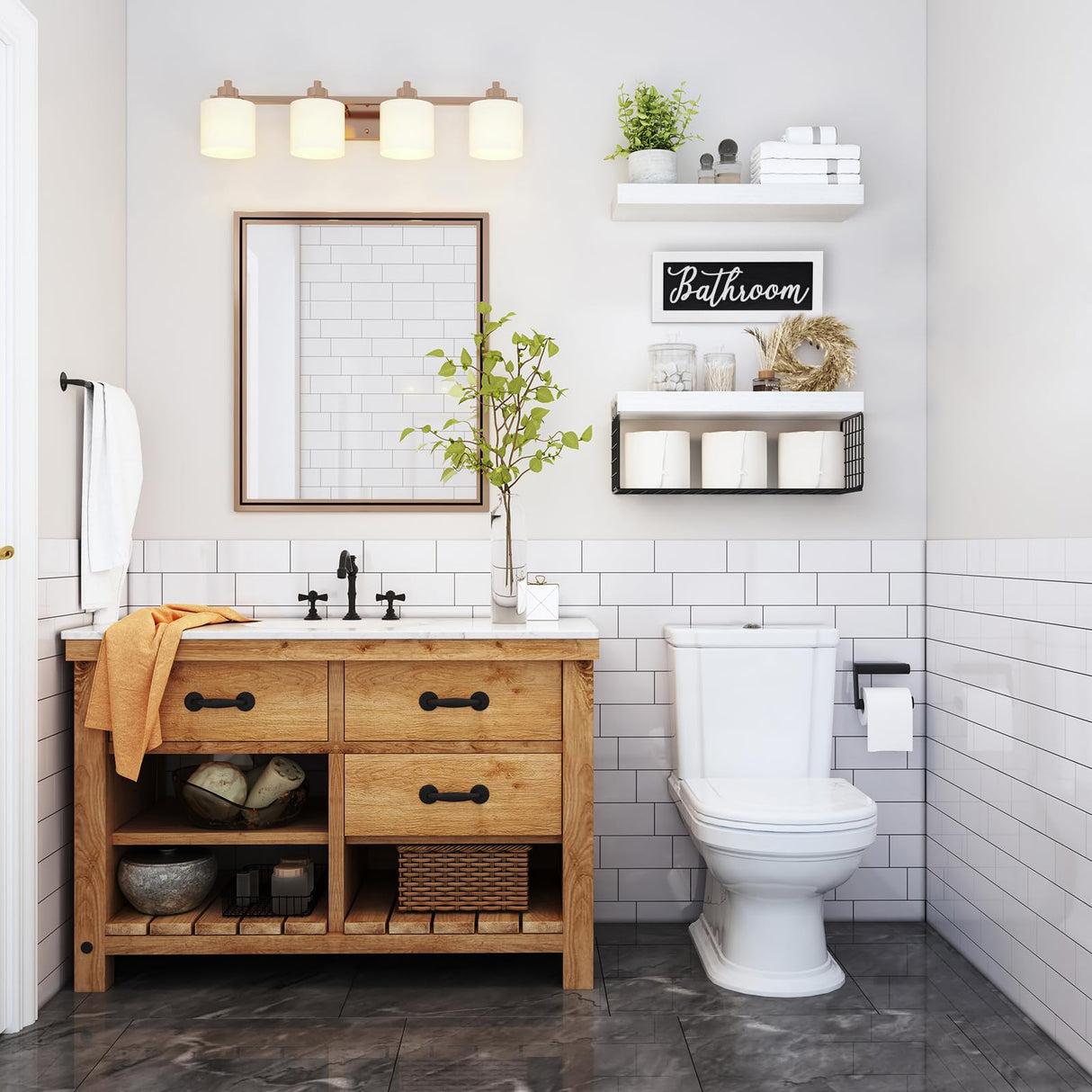 QEEIG ‎Bathroom Shelves Over Toilet - Paper Storage Wall Mounted Farmhouse Decor Decorations Aesthetic Décor Sign Small Floating Shelf 2+1 Set 16 inch, White and Black (020WB) QEEIG