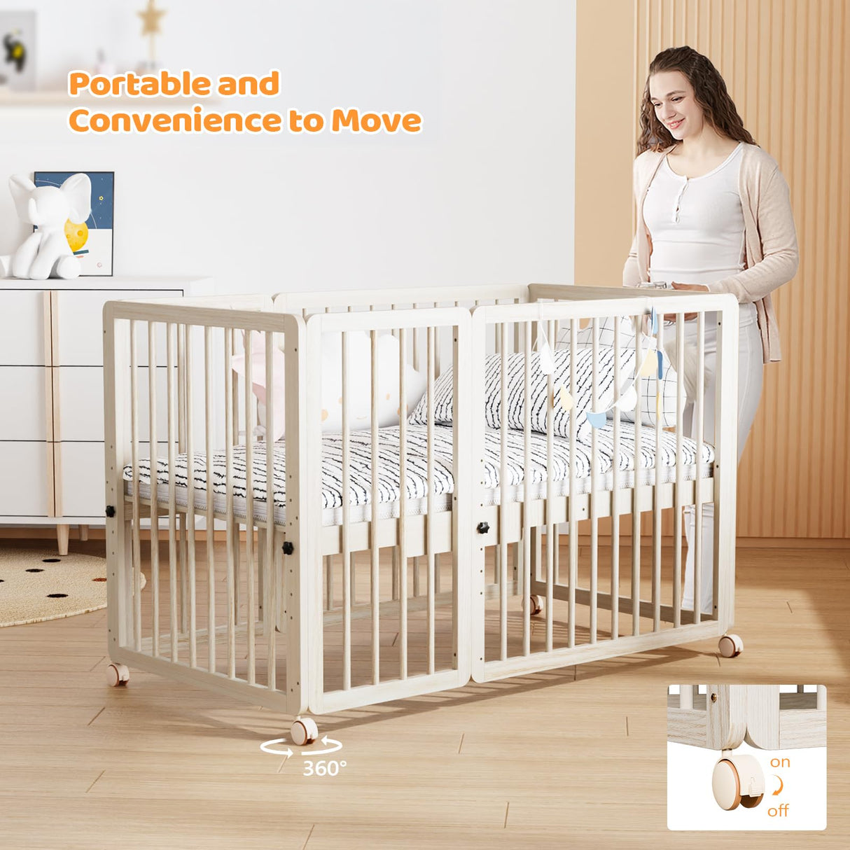 JOYMOR 8-in-1 Convertible Crib with 2" Mattress, Convert from Bassinet, Mid Crib to Full Size Crib, Height Adjustable, Easily Convert to Toddler Bed JOYMOR