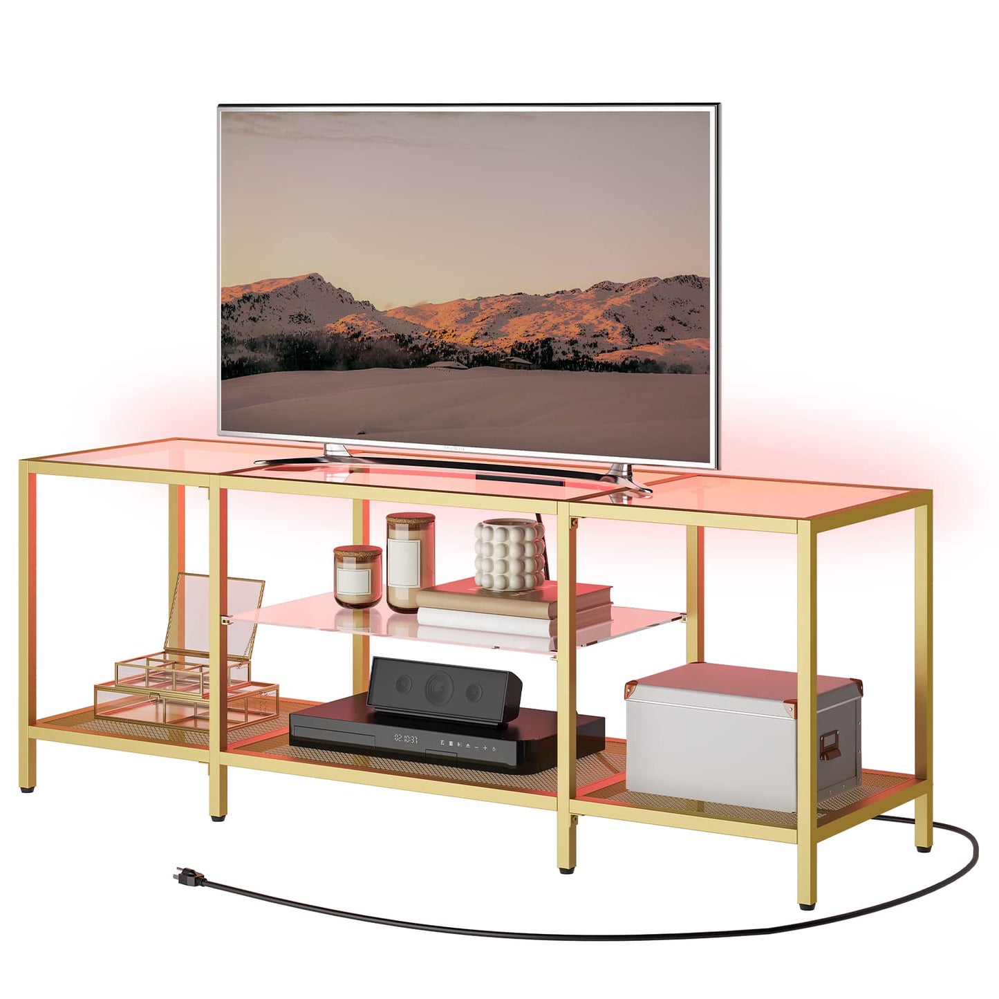 HOOBRO TV Stand with LED Lights and Power Outlets for TVs up to 65", Modern 55 Inch Tempered Glass TV Console Table with Open Shelves, Media Entertainment Center for Living Room, Gold GD145UDS01