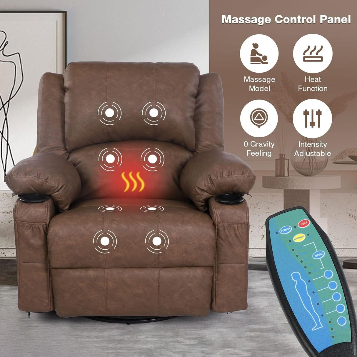 Rocker Recliner Chairs with Massage and Heat, Overstuffed Leather Swivel Recliner Chairs for Adults, Manual Rocking Single Sofa Lounge Chair Recliners with Cup Holders for Living Room,Men,Women,Brown KCREAM