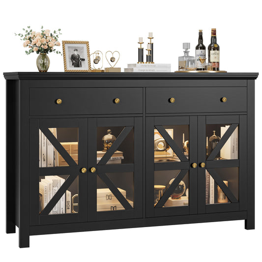 FOTOSOK Black Buffet Cabinet with Storage, 55.1" Large Sideboard Cabinet Kitchen Cabinet with 2 Drawers and 4 Glass Doors, Black Coffer Bar Cabinet Buffet Table for Dining Living Room