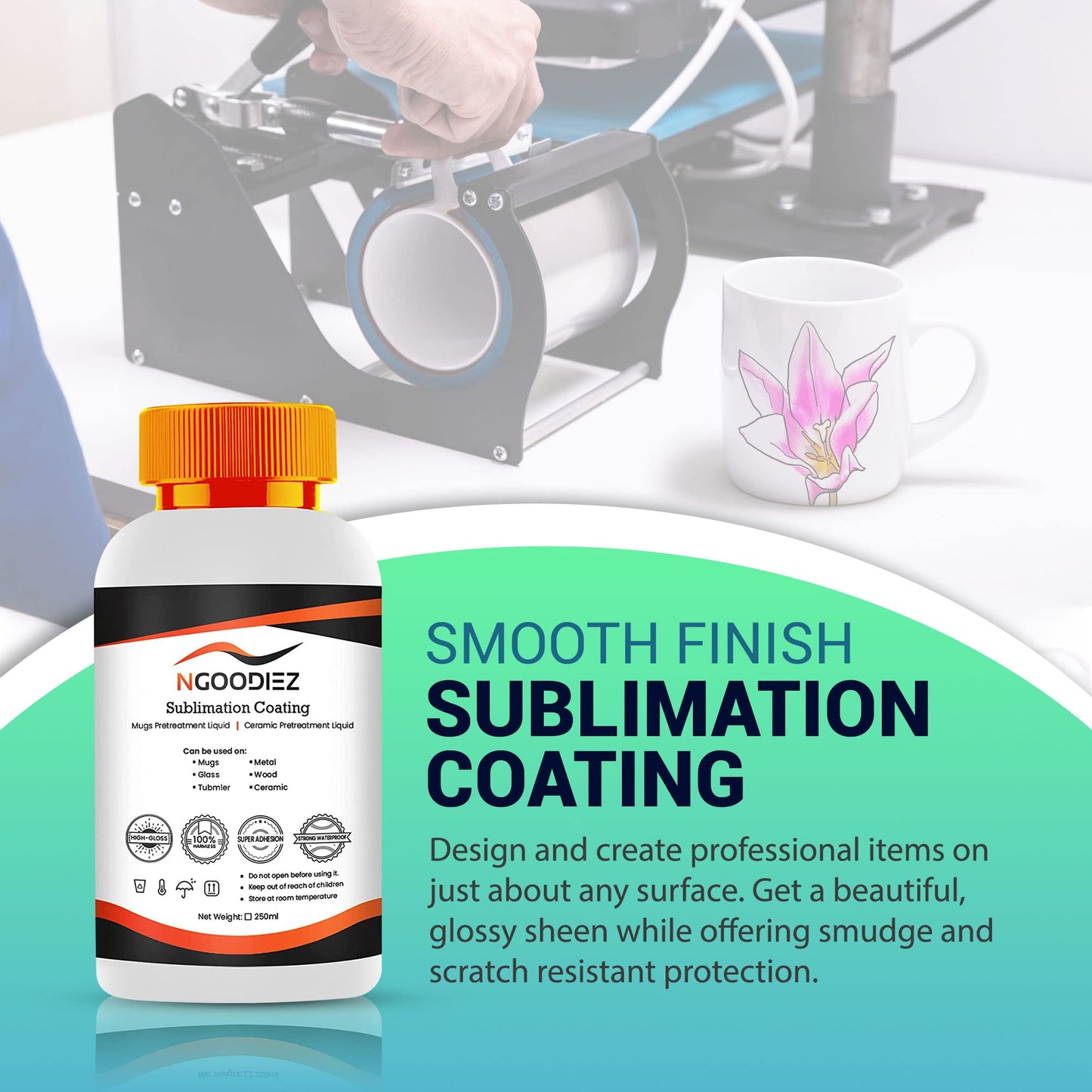 NGOODIEZ Sublimation Printing Bundle - 1000ml Quick Dry and Washable Sublimation Spray for All Garments + 250ml High Gloss Finish, Super Adhesive and Waterproof Sublimation Coating for Mugs