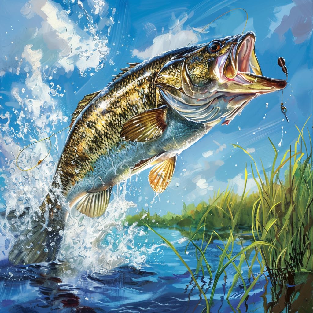 Fish Bass Bite Fishhook Jump 5D Diamond Art Painting by Number Kits for Adults DIY Paint with Full Drill Round Diamond Gems Painting Art Craft for Home Wall Decor 13.8x13.8inch WoodArtSupply