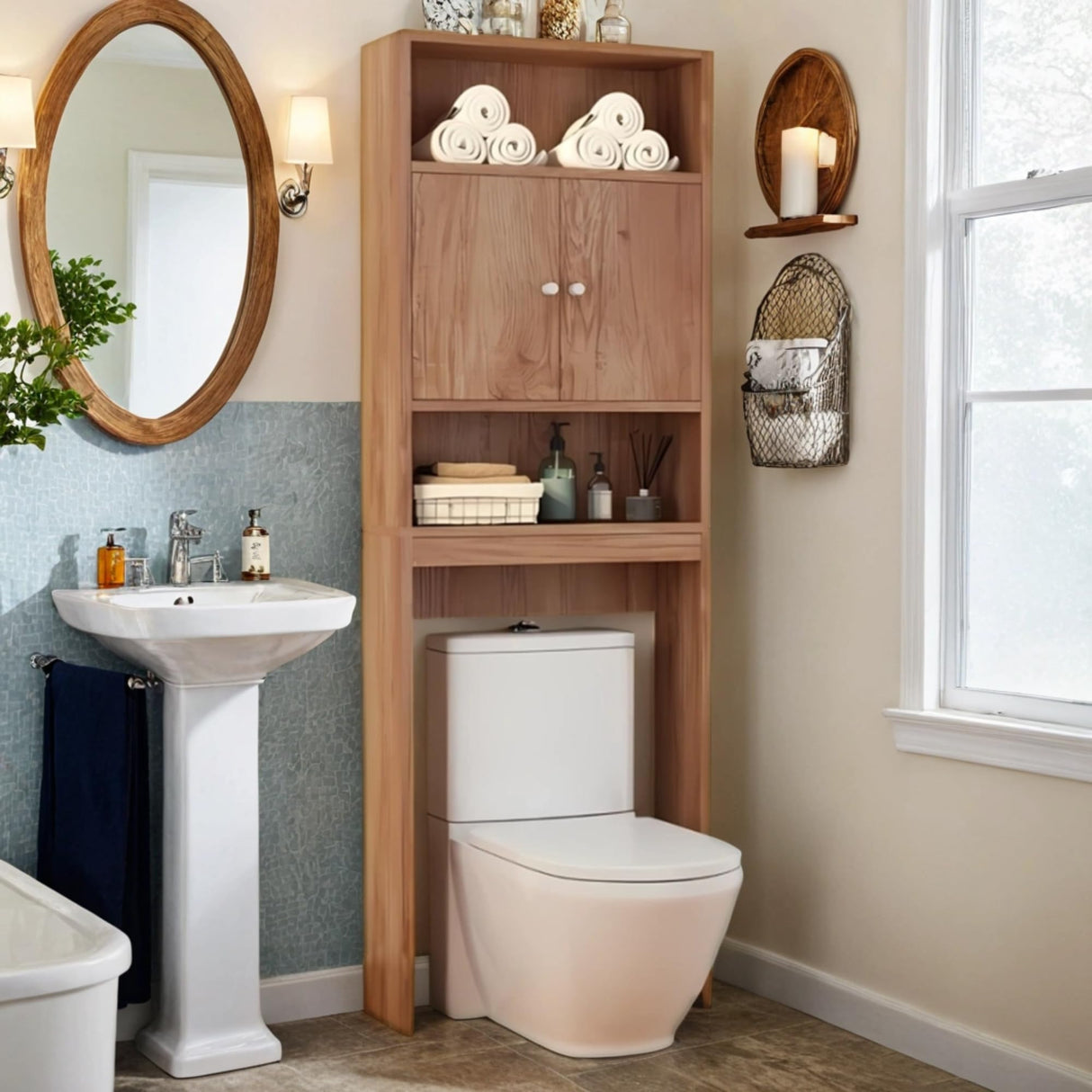 Tydaris Over The Toilet Storage Cabinet - Wood Over Toilet Bathroom Cabinet with Adjustable Shelf and Double Doors, Bathroom Space Saver Organizer, Taller Free Standing Toilet Rack, Brown Tydaris
