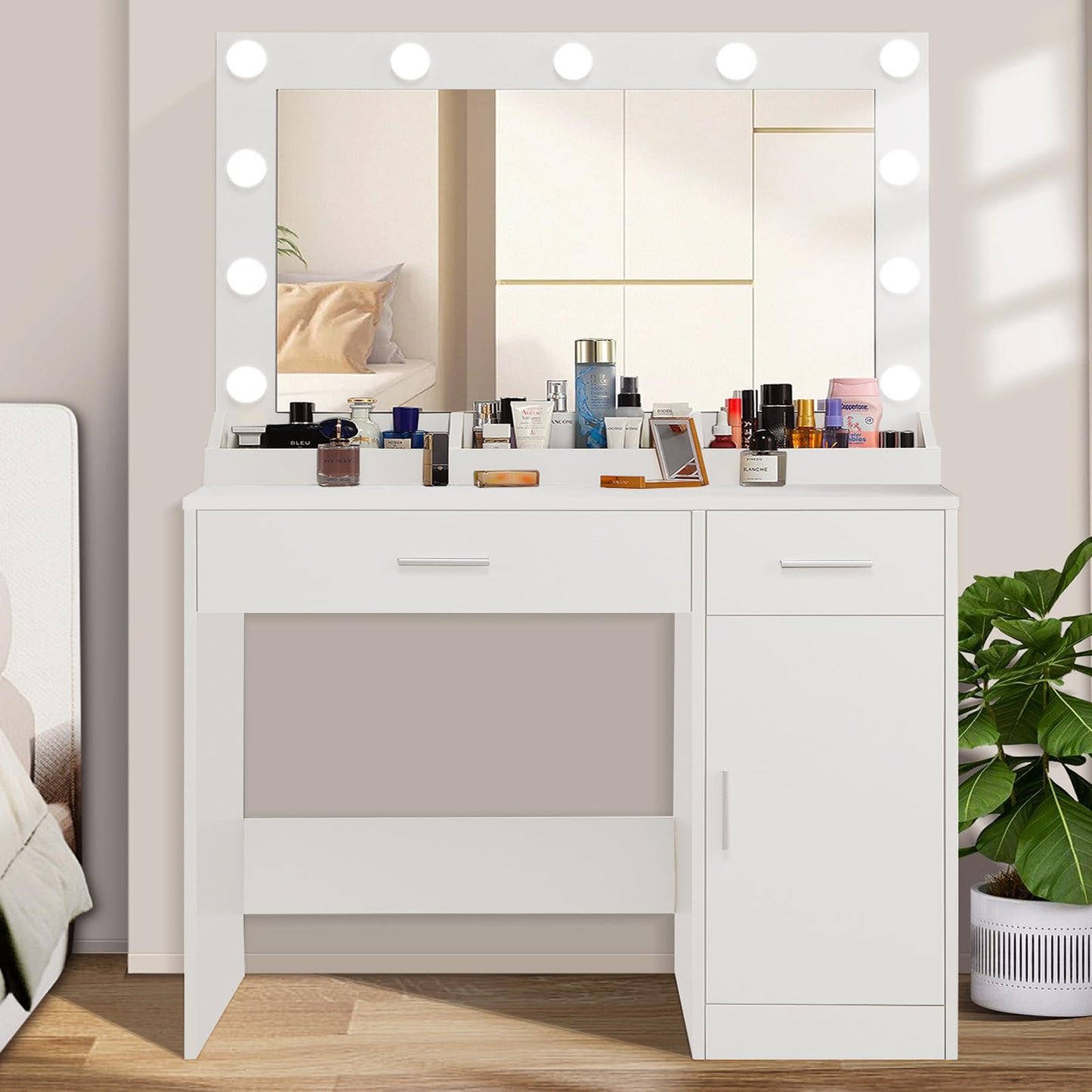 Likein White Vanity with Lighted Mirror - Small Vanity Desk with Mirror and Lights, Makeup Vanity Desk with Lights, Modern Dressing Table with Charging Station 2 Drawers & Cabinet for Girls Women