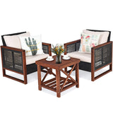 Tangkula 3 Pieces Patio Wicker Furniture Set, Rattan Outdoor Sofa Set w/Washable Cushion & Acacia Wood Coffee Table, Conversation Bistro Set for Garden Balcony Backyard (Beige) Tangkula