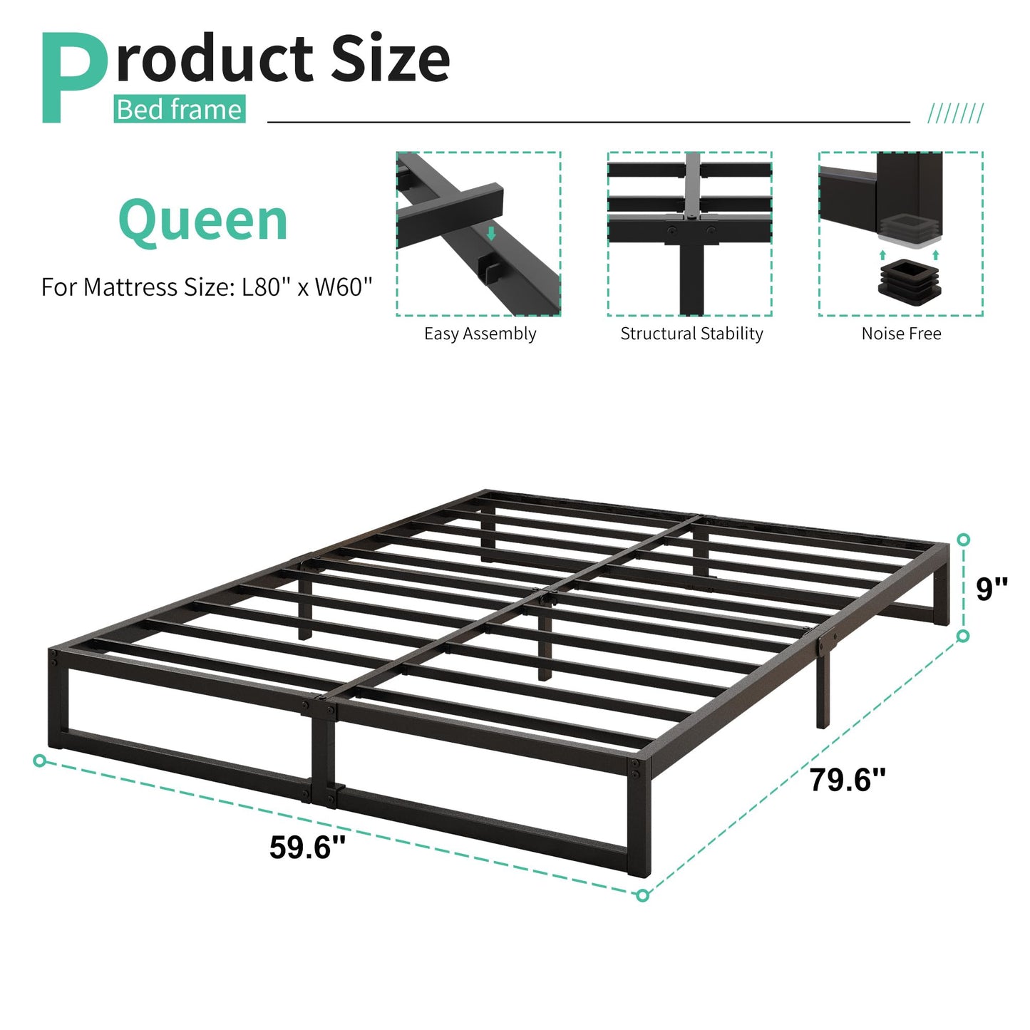 Lutown-Teen 9-Inch Heavy Duty Metal Queen Bed Frame with Steel Slat Support - No Box Spring Needed, Easy Assembly, Black - WoodArtSupply