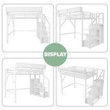 MoproBeti Full Loft Bed with Stairs, Metal Loft Beds Full Size with Storage Shelves, Adults Loft Bed with Wardrobe, Heavy Duty High Loft Bed for Teens, No Box Spring Needed, No Noise,White MoproBeti