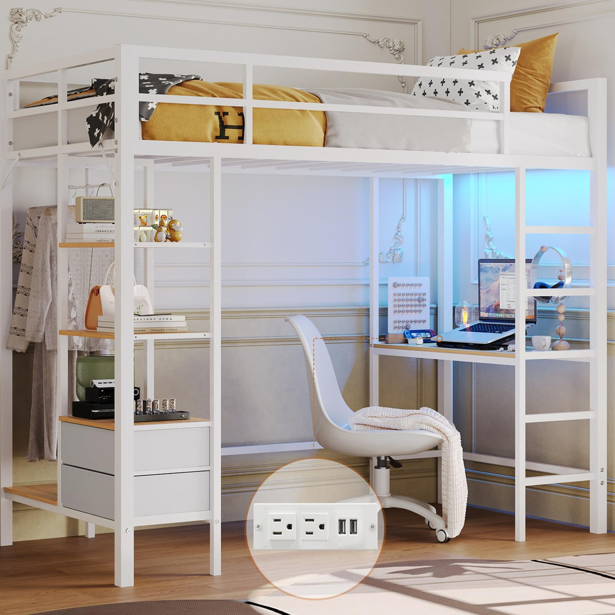 DICTAC Loft Bed Twin Size with Desk and Charging Station Metal Loft Bed with Led Lights,Storage Shelves and Drawers Twin Size Bed with Clothes Rail,Safety Guard & Ladder,No Box Spring Needed,White DICTAC