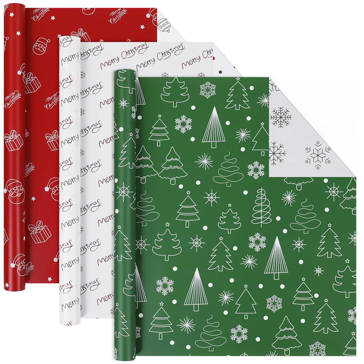 WRAP STORM Reversible Christmas Wrapping Paper – 3 Rolls (17" x 120") – Gift Wrap with 6 Holiday Designs: Santa, Trees, Snowflakes & Festive Dots WRAP STORM