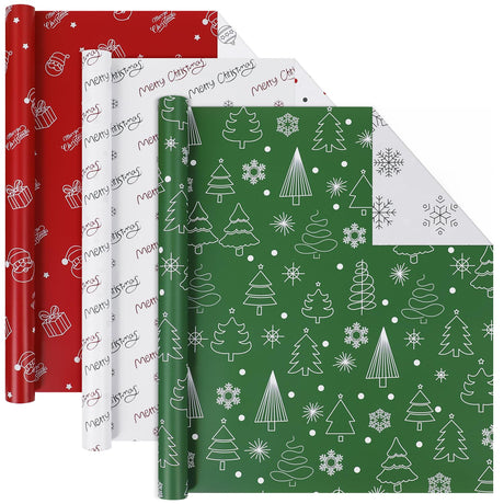 WRAP STORM Reversible Christmas Wrapping Paper – 3 Rolls (17" x 120") – Gift Wrap with 6 Holiday Designs: Santa, Trees, Snowflakes & Festive Dots WRAP STORM