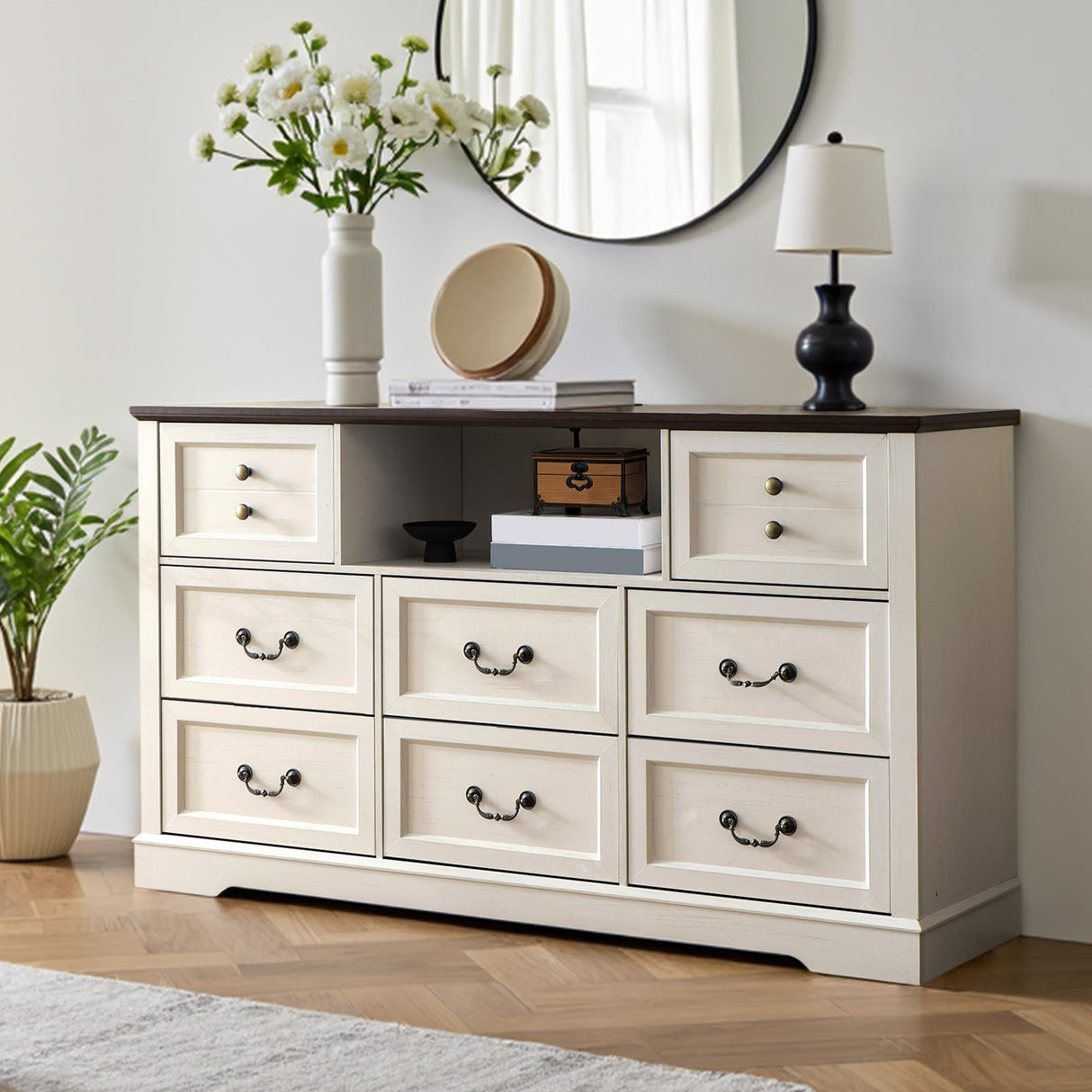 Homkdom White Dresser for Bedroom with Charging Station & Led Lights,55.02" TV Stand with 8 Drawers,Dressers & Chests of Drawers with Open Shelves,Hallway 55.02" W x 34.53" H x 15.77" D White Homkdom