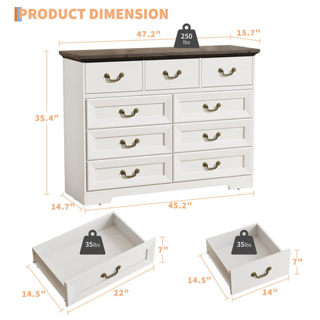 9-Drawer Dresser for Bedroom, 47 in Wide Dressers Wood Vintage Chest of Drawers with Natural Texture and Vintage Gold Floral Handles, Farmhouse Storage Organizer for Living Room, Hallway Entryway GarveeHome