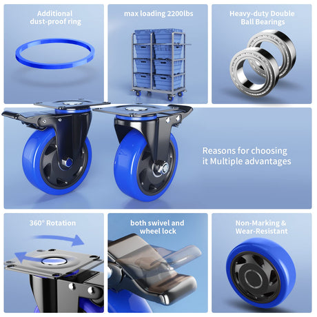 5 Inch Caster Wheels with Safety Dual Locking, Heavy Duty Casters Set of 4, Industrial Swivel Casters 2400Lbs, Polyurethane No Noise Wheels for Cart, Furniture(Bonus of 2 Hardware Kits) WOZESEIK