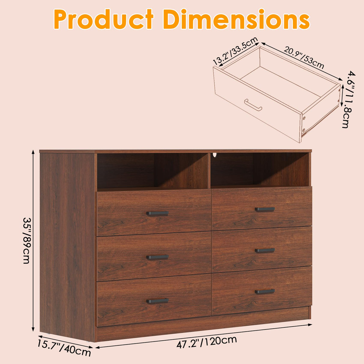 Bigbiglife 6 Drawers Dresser for Bedroom Wooden Drawer with Open Storage Cubby, Double Wide Dresser Organizer for Bedroom, Living Room, Entryway, Hallway (Walnut Brown) Bigbiglife