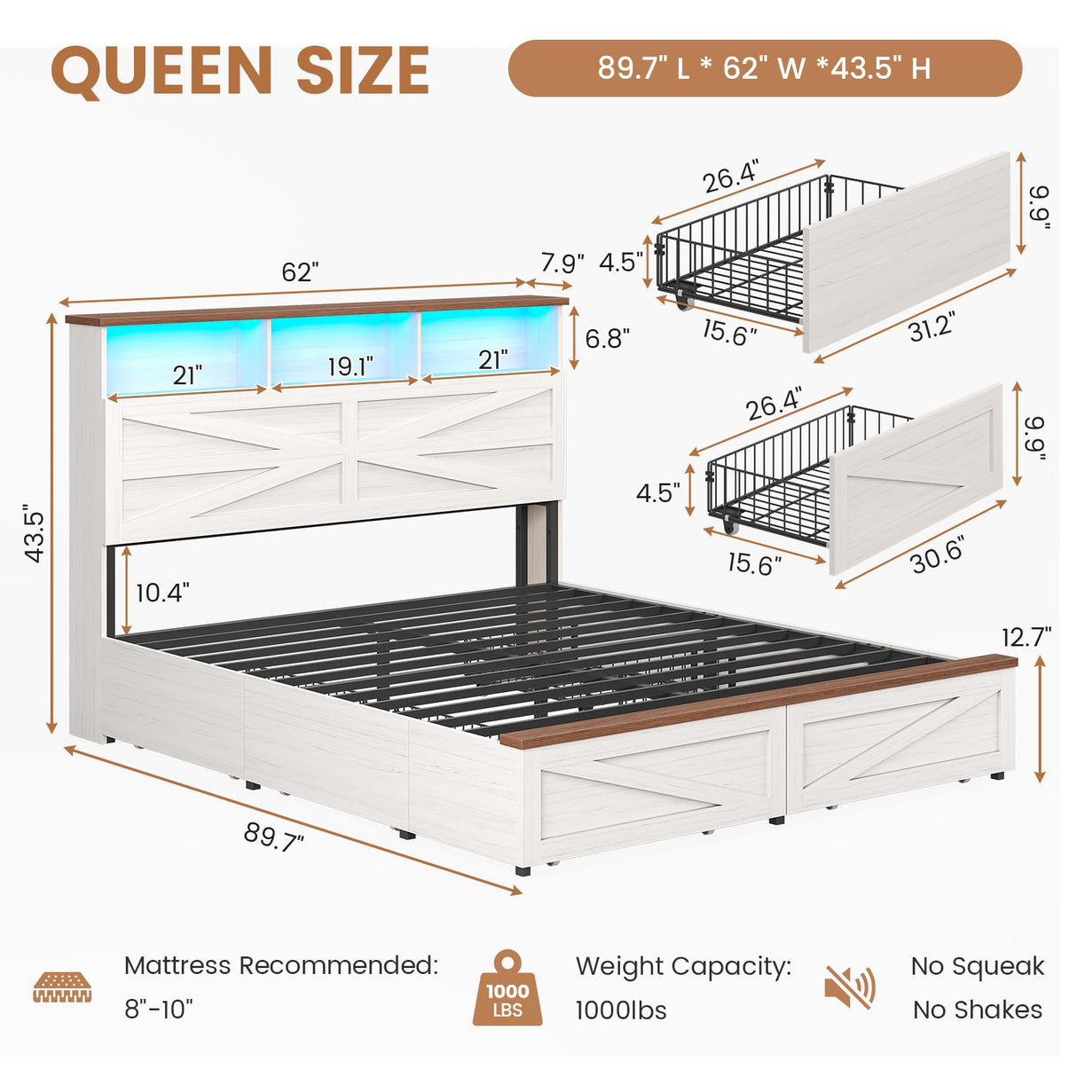 VIAGDO Queen Bed Frame with 6 Drawers, Farmhouse Bed Frame with Barn Door Headboard and Storage, Wood Platform Bed Frame Queen Size with Charging Station and LED Lights, No Box Spring Needed, White VIAGDO