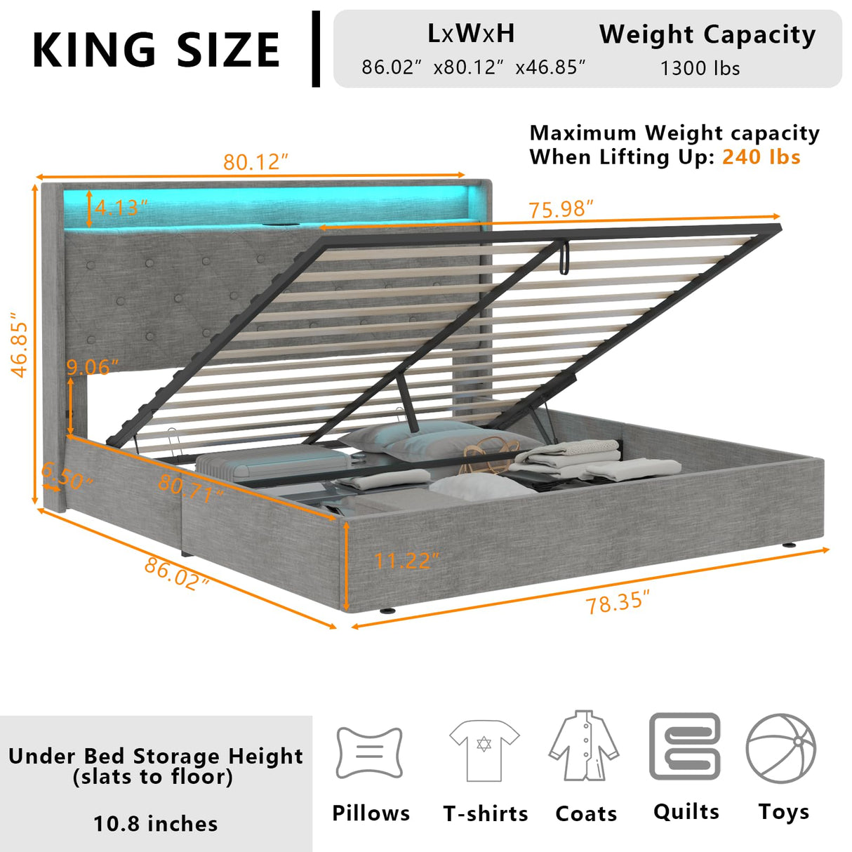 Loomie King Hydraulic Lift Bed Frame with LED Lighting & Charging Station in Light Grey Loomie