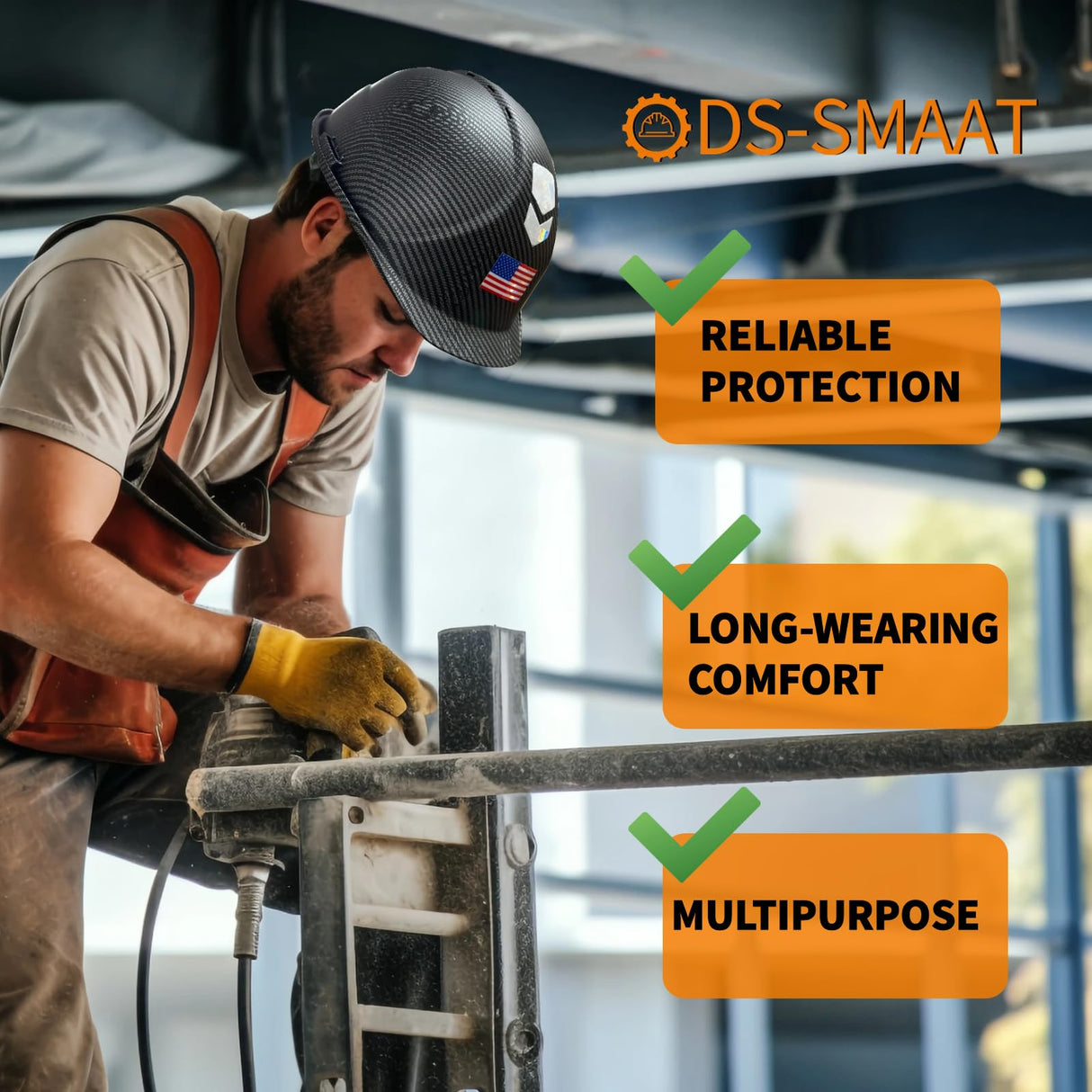 DS-SMAAT Hi-Viz Reflective Safety Hard Hat with Visor,Vented Protection Construction Hard Hat,4-Point Ratchet Suspension ABS Helmet with Glass for Industry Use, ANSI Z89.1&OSHA Approved Safety Helmet DS-SMAAT