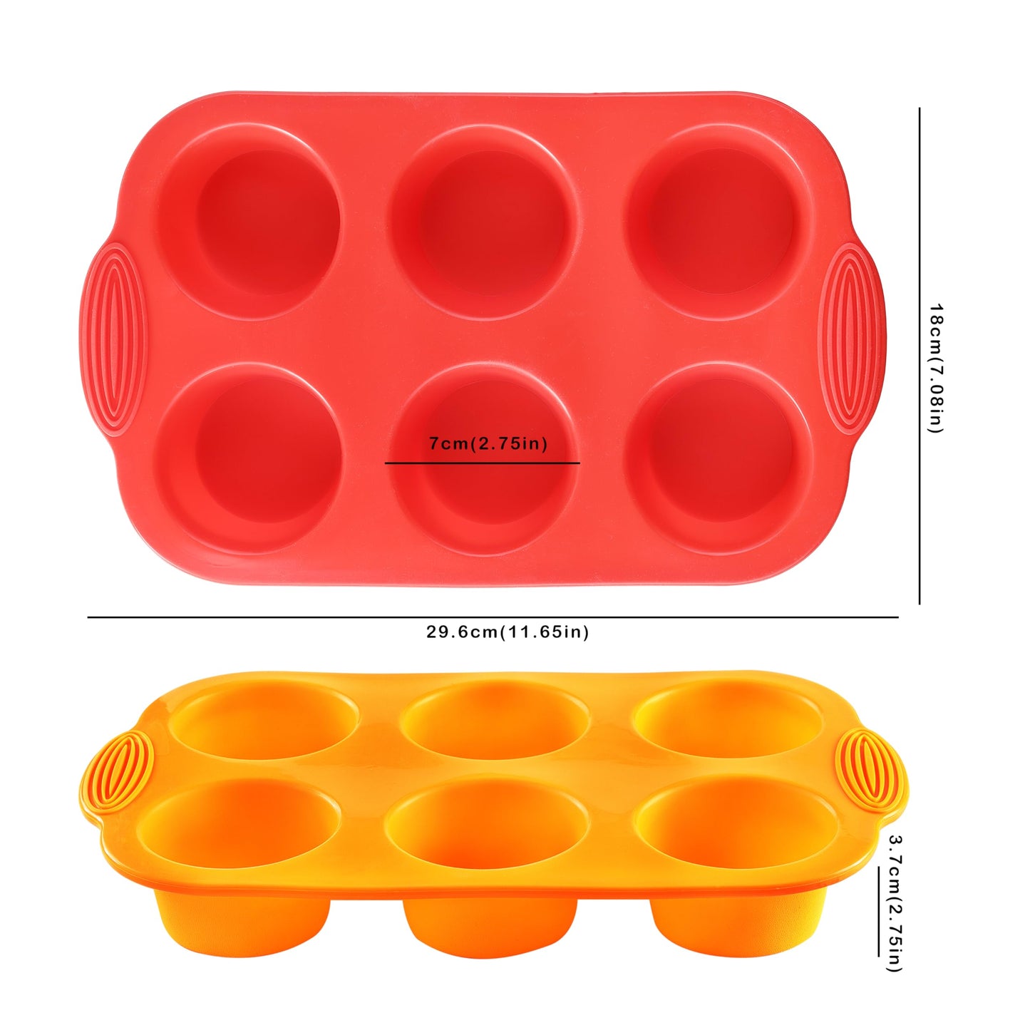 MONGSEW 2PCS Silicone Muffin Cupcake Pan Molds, 6-Cavity Non Stick Silicone Muffin Pans for Baking Muffin, Cupcakes, Brownies and More, Food Grade and BPA Free (Orange and Red)