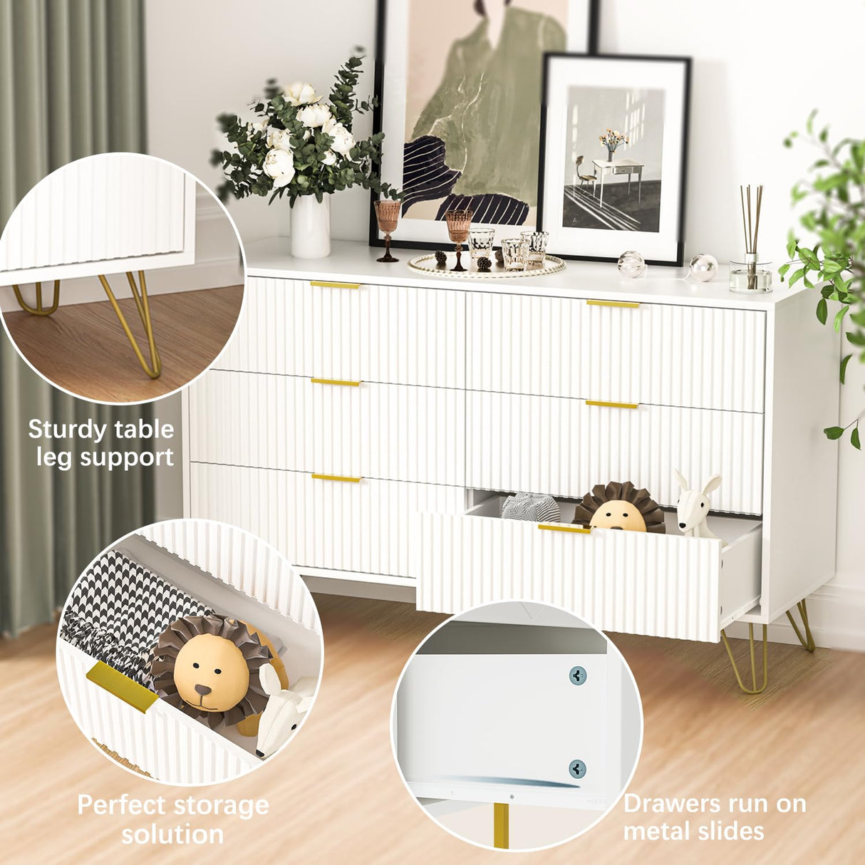 FURNIWAY White Dresser, Modern 6-Drawer Dresser for Bedroom with Gold Handles, Wide Chest of Drawers for Living Room FURNIWAY