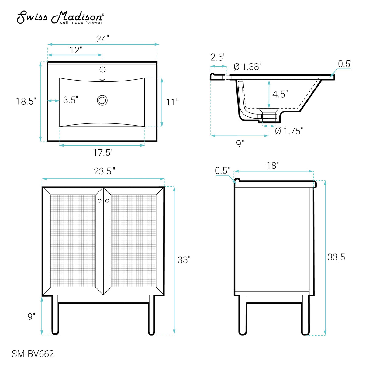 Swiss Madison Classe 24" Bathroom Vanity in Oak Bath Sink Cabinet Sink Included Swiss Madison