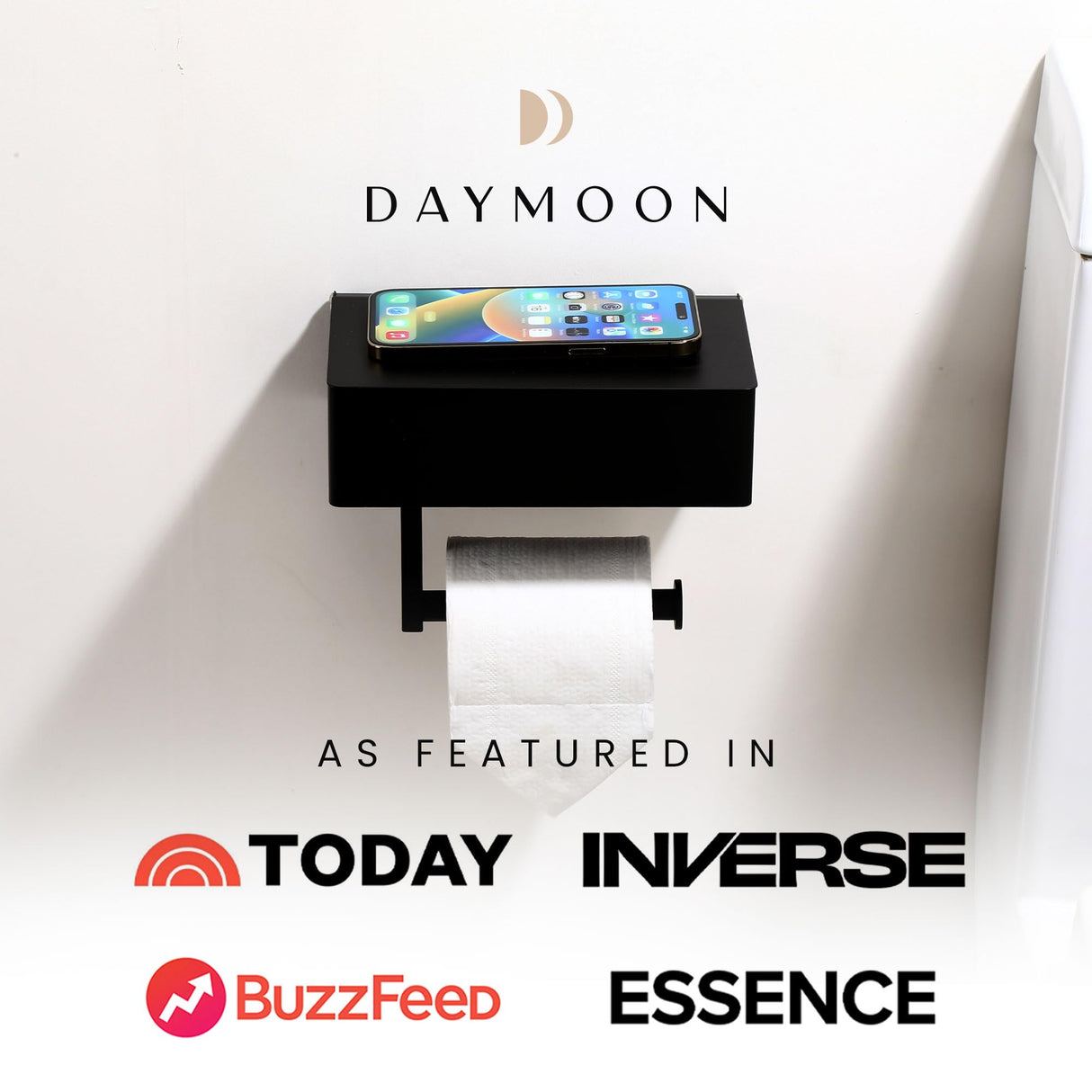 Day Moon™ Matte Black Toilet Paper Holder with Shelf, Wipe Holder for Bathroom Flushable Wipes Dispenser Toilet Paper and Wipes Holder Toilet Paper Holder with Storage, Toilet Paper Holder Wall Mount Day Moon Designs