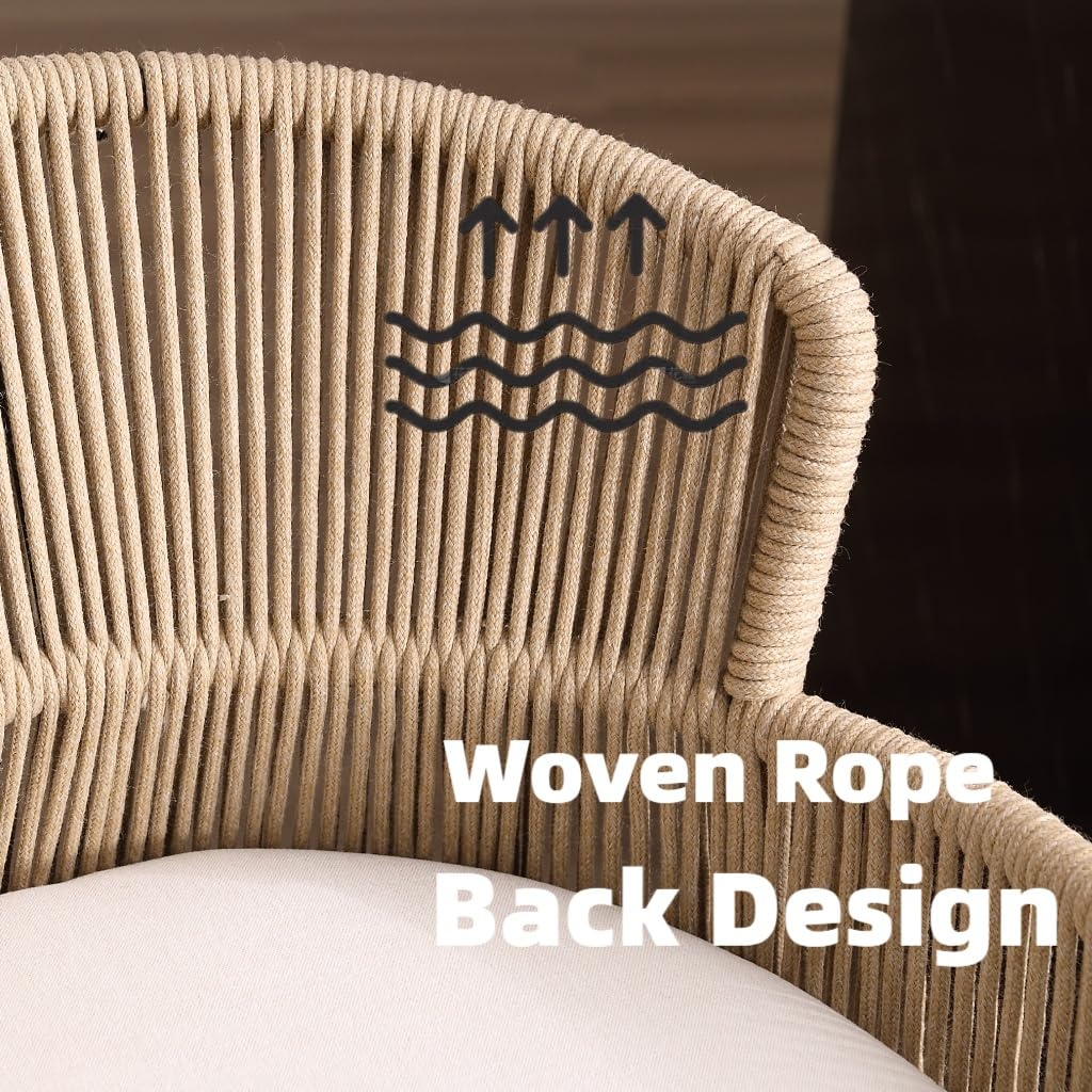 HNY Farmhouse Woven Bar Stools Set of 3, 26 Inch Linen Upholstered Rattan Barstools with Curved Backs, Modern Cane Counter Height Bar Chairs with Metal Legs and Armrest for Kitchen Island, Beige HNY