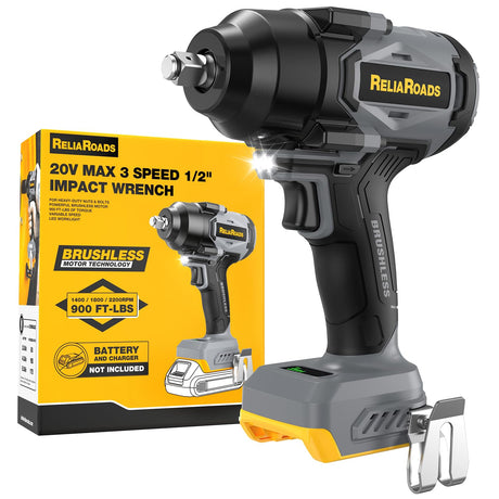 ReliaRoads 900 Ft-lbs Cordless Impact Wrench, 1/2 Inch Impact Gun Compatible DeWALT 20V MAX Battery, Brushless Constant High Torque Impact Driver with 3 Speed, Tool Only (No Battery Included) ReliaRoads