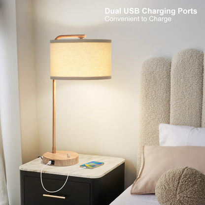 Farmhouse Table Lamp, Fully Dimmable Bedisde Lamp with Dual USB Charging Ports, Modern Nightstand Lamp, Tall Table Lamp Desk Reading Lamp for Living Room, Bedroom, Office, 9W LED Bulb Include - WoodArtSupply