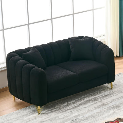 Black Cloud Couch for Living Room, 63.5" Modern Comfy Overstuffed Deep Seat Tufted Sofa with Gold Legs & Pillows, Plush Teddy Boucle Upholstered Curved Loveseat Settee with Round Arm (Black, 2 Seater)