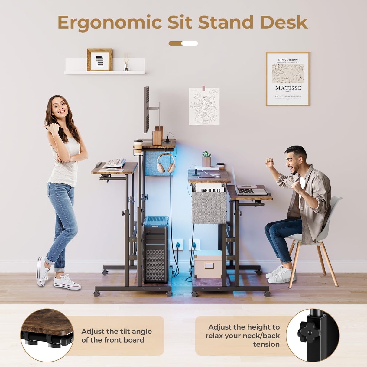 Dripex Mobile Standing Desk with Power Outlets & Strip Lights, Rolling Computer Table with Cup Holder, Hook, Storage Bag, Adjustable Height Desk, Small Standing Desk Drawing Desk Dripex