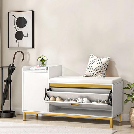 VECELO Entryway Shoe Bench with Storage, 2-Tier Shoe Rack Organizer with Flip Drawers, Removable Seat Cushion for Hallway, 13.8" D x 47.2" W x 27" H, White VECELO