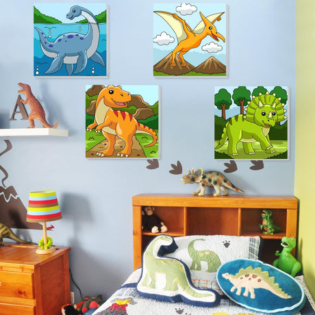 4Pack Dinosaur Paint by Number for Kids with Wooden Frame,4 Dinosaurs Canvas Paints by Number Canvas, Dinosaur Gifts for Kids Easy Paint with Numbers DIY Acrylic Oil Painting Kits for Home Wall Decor Ertyjikg