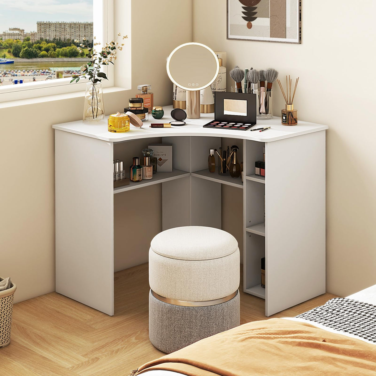 Tangkula White Corner Desk with Storage Shelves, Space-saving Triangle Study Writing Desk with Adjustable Shelves, Corner Makeup Vanity Desk for Bedroom, Corner Desk for Small Space Tangkula
