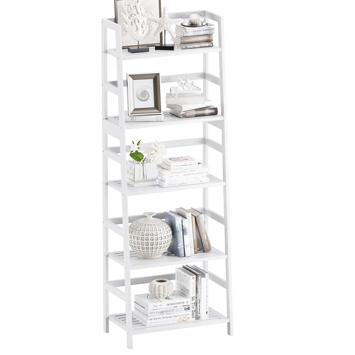 vovala Ladder Shelf, 5-Tier Bookshelf, All Bamboo Heavy Duty Bookcase, Freestanding Open Wood Storage Rack, Modern Corner Display Plant Stand for Living Room, Home Office, Bathroom, Bedroom, White vovala