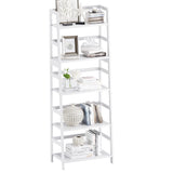 vovala Ladder Shelf, 5-Tier Bookshelf, All Bamboo Heavy Duty Bookcase, Freestanding Open Wood Storage Rack, Modern Corner Display Plant Stand for Living Room, Home Office, Bathroom, Bedroom, White vovala