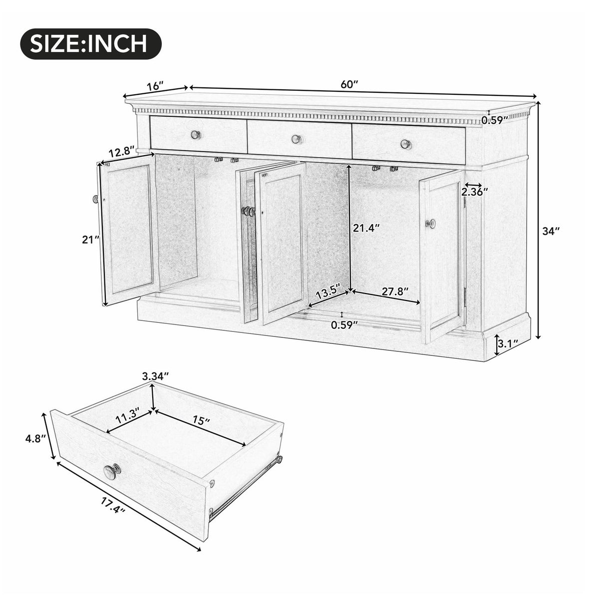 LUMISOL Retro Cabinet with 4 Doors and 3 Drawers, 60” Storage Sideboard with Black Round Handles, Wood Buffet Cabinet, Console Table for Living Room Kitchen Entryway Hallway LUMISOL