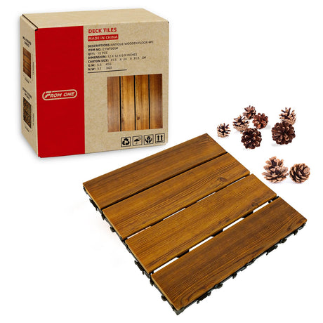 10-Pack 12"x12" Interlocking Acacia Wood Deck Tiles – 4 Slats Waterproof Outdoor Flooring for Patio, Balcony & Backyard FROM ONE