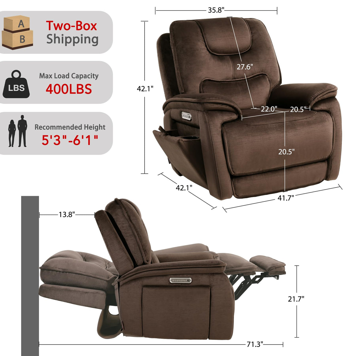 EONIX Triple Motor Lay Flat Zero Gravity Power Recliner Chair with Heat and Massage, Independent Adjustable Backrest Footrest Headrest, 400lbs Heavy Duty Medium Size, Stylish Chenille, Dark Brown EONIX