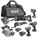 FLEX 24V Brushless Cordless 6-Tool Combo Kit: Hammer Drill, Hex Impact Driver, Circular Saw, Multi-Tool, Reciprocating Saw, Work Light with 2.5Ah, FLEX