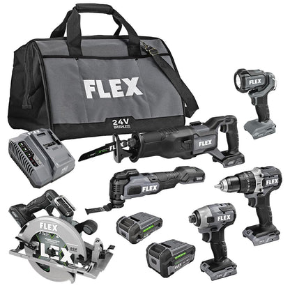 FLEX 24V Brushless Cordless 6-Tool Combo Kit: Hammer Drill, Hex Impact Driver, Circular Saw, Multi-Tool, Reciprocating Saw, Work Light with 2.5Ah, - WoodArtSupply