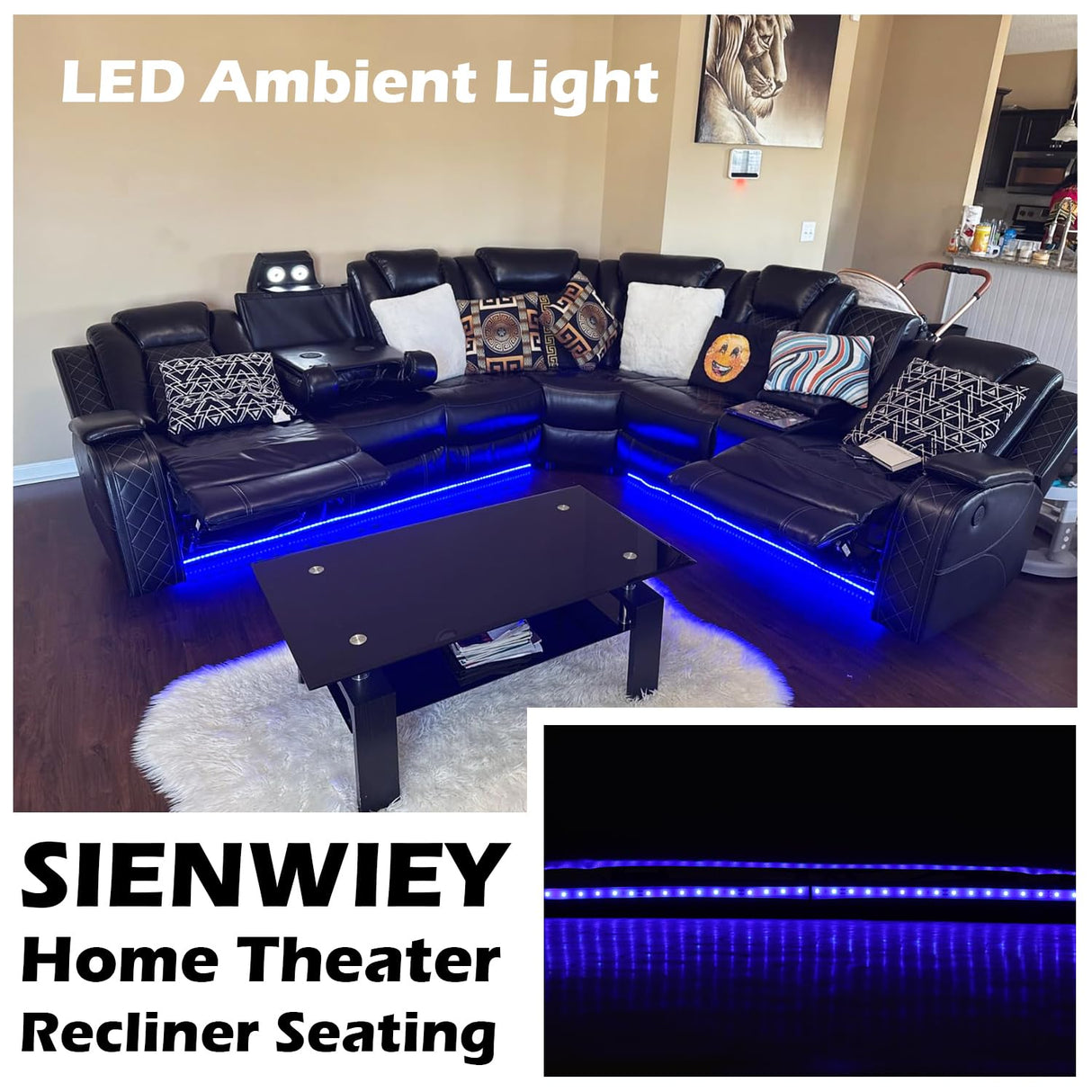 SIENWIEY Power Reclinier Sectional Sofa,Black Leather Reclining Sectional Modular Sofa,L Shaped Leather Couch with LED Lights/USB Charger/Cup Holders/Storage Console/Storage Armrest/Coffee Table(L) SIENWIEY
