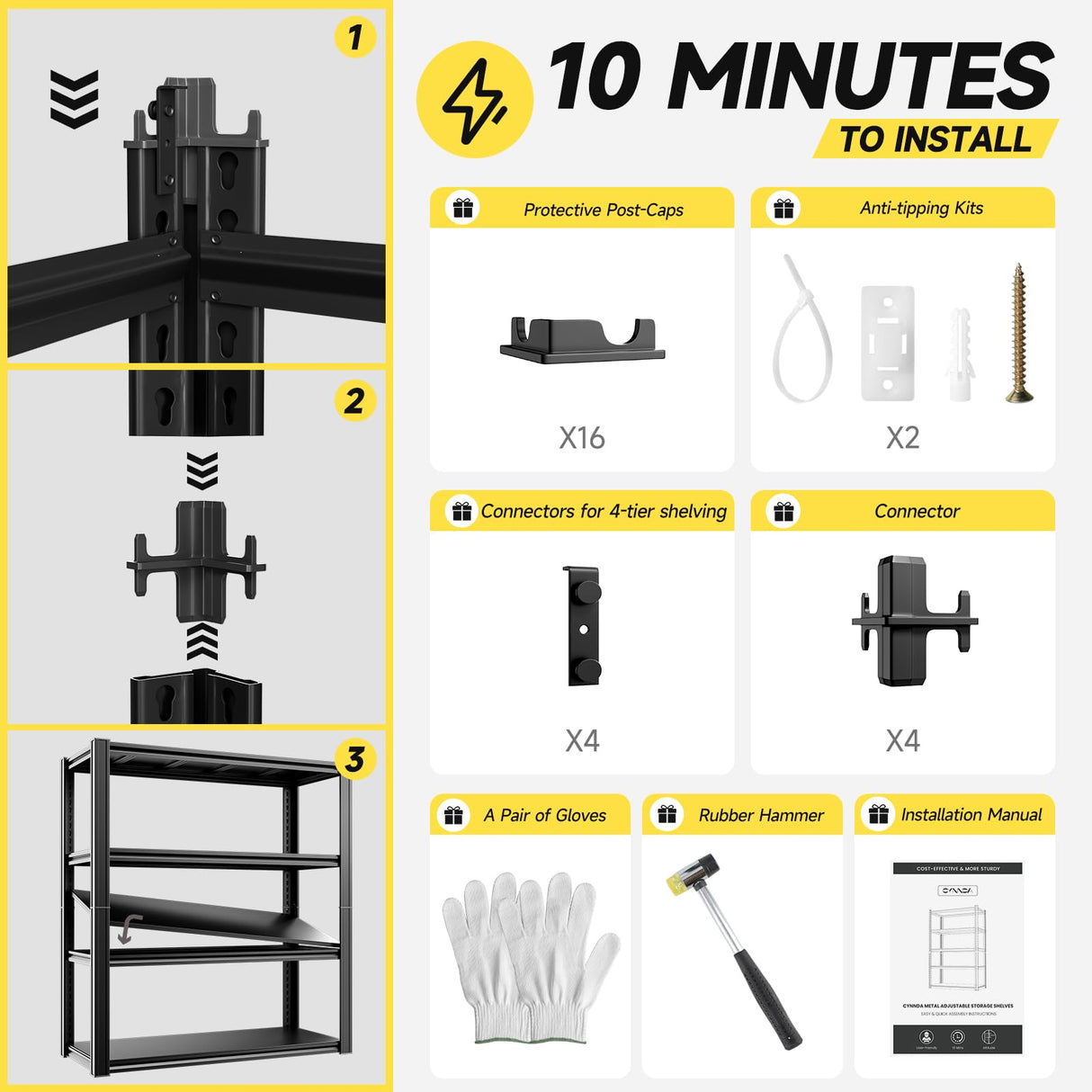 cynnda 4-Tier 40" W x 20" D x 60" H Garage Shelving Garage Storage Shelves 2500LBS Metal Industrial Shelf Adjustable Heavy Duty Shelving Storage Rack Shelving Unit (Black) cynnda