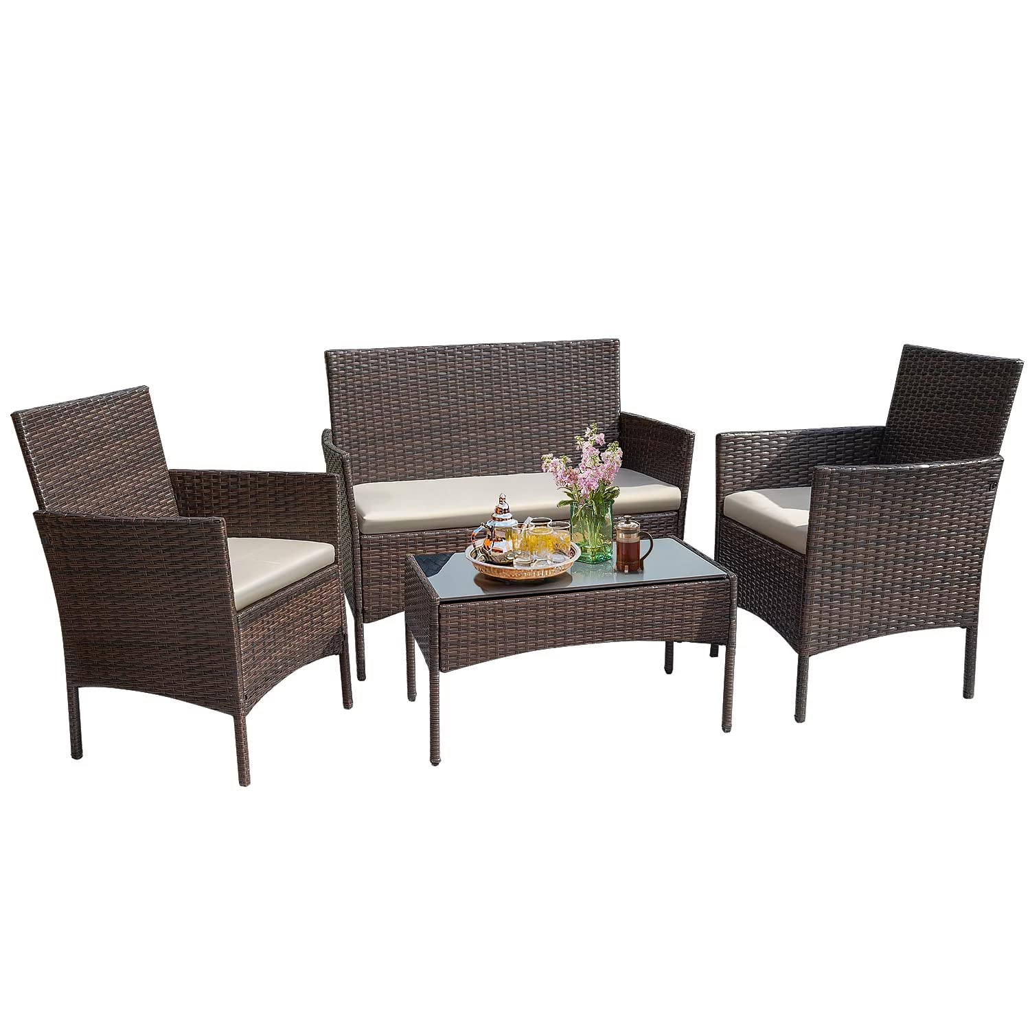 Flamaker Outdoor Furniture Patio Set Cushioned PE Wicker Rattan Chairs with Coffee Table 4 PCS for Garden Poolside Porch Backyard Lawn Balcony Use (Brown&Beige) - WoodArtSupply