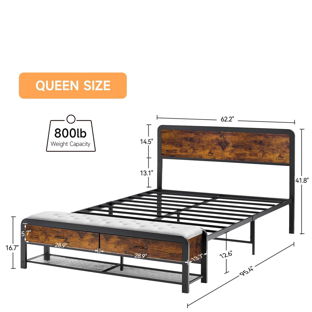SLEKVERSA Queen Bed Frame with Headboard and Storage Ottoman, Farmhouse Platform Bed Frame Queen Size with Sturdy Metal Slats, No Box Spring Needed, Noise Free, Easy Assembly SLEKVERSA